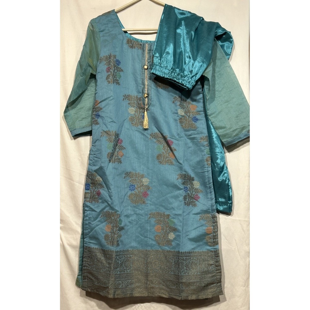 Kurta Set Bollywood Tunic Pant Turquoise Floral Embroidery and Gold Sz M